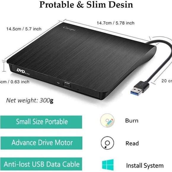 Cocopa External CD DVD Drive USB 3.0 Portable CD DVD +/-RW Drive - Picture 4 of 5
